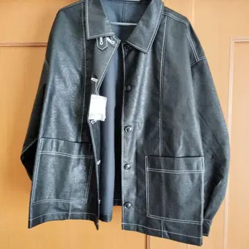 인조 가죽 자켓 블랙 화이트 스티치