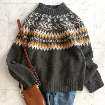 새상품급 할리 오브 스코틀랜드 노르딕 무늬 울 100% 모크넥 니트