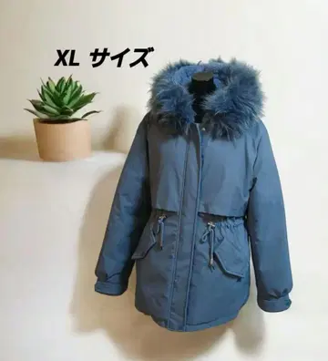 파랑색 퍼 달린 다운 자켓 한국 패션 XL 사이즈 플리스 속기모