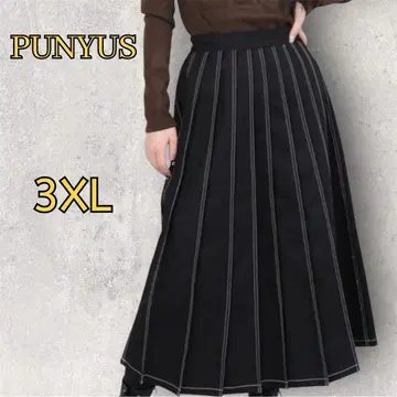 새상품급 PUNYUS 스티치 데님 롱 스커트 블랙 플리츠 4L