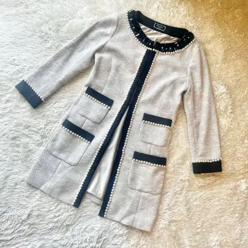 그레이스 콘티넨탈 바이컬러 트위드 자켓 노카라 코트 펄