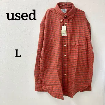 H 체크 무늬 코튼 긴팔 셔츠 오렌지 체크 버튼 L 사이즈