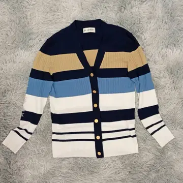 INED 여성용 긴팔 가디건 M 컬러풀 보더 골드 버튼 겉옷