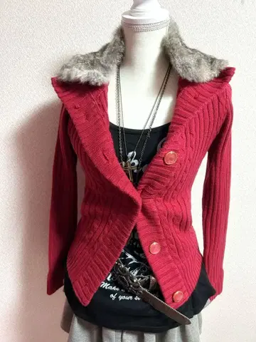 y2k 헤이세이 갸루 히메 갸루 퍼 리브 니트 가디건 그런지