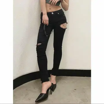 GYDA 블랙 데미지 미들 허리 컬러 스키니 데님