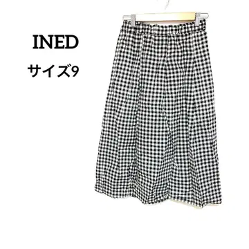 이네드 깅엄 체크 스커트 면100 롱 사이즈9 허리밴딩 블랙