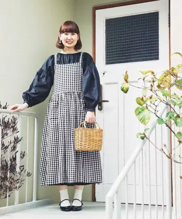 펠리시모 오사요 씨 콜라보 어른의 개더 원피스 체크 에이프런