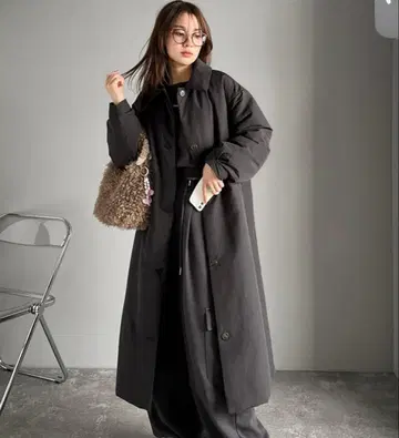 카라 부착 충전솜 롱 코트 블랙 S