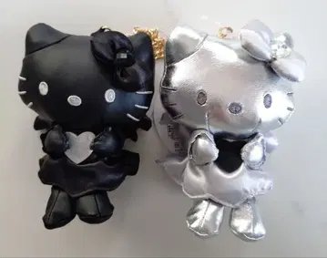 헬로키티 인조 가죽 키링 블랙, 실버 세트