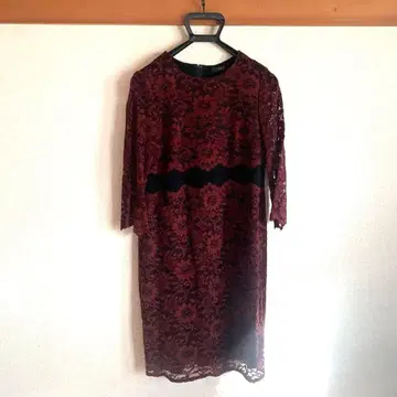 IVISTO 와인 레드 레이스 긴팔 무릎 기장 원피스