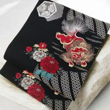 앤티크 당사자 모란 매실 나고야 오비 블랙 #1396