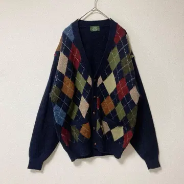 아가일 무늬 호두 버튼 니트 가디건 네이비 울 레트로 구제 의류