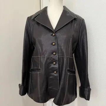 라무 블랙 레더 자켓 안감 레오파드 무늬 버튼 포함 M