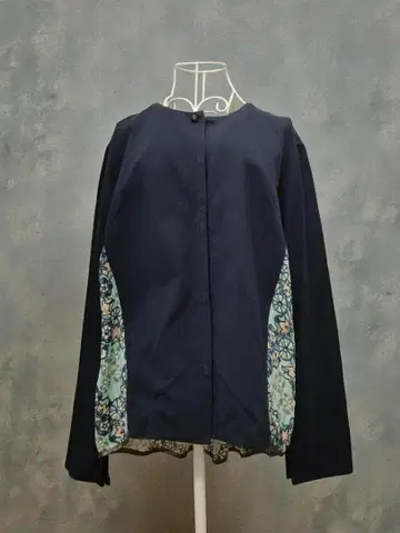 안나수이 얇은 소재 아우터 노카라 자켓 가디건 네이비 꽃무늬