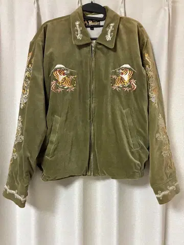 올리브색 스카잔 호랑이 자수 동양 벨벳