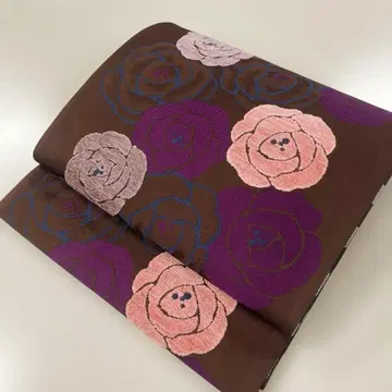 쿄후쿠로 오비 리버서블 순수 실크 브라운 바탕 파라 패턴 핑크 x 보라