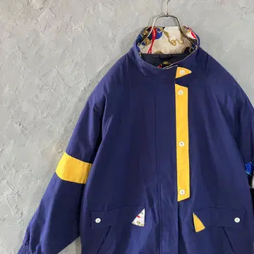 빈티지 자켓 풀 집업 체인 패턴 와이드 소매 네이비 LO32