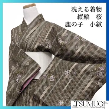 코몬 워셔블 기모노 세로줄 벚꽃 사슴 무늬 기모노 102a d