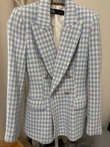 ZARA 스카이블루 화이트 하운드투스 체크 격자 무늬 더블 브레스트 자켓
