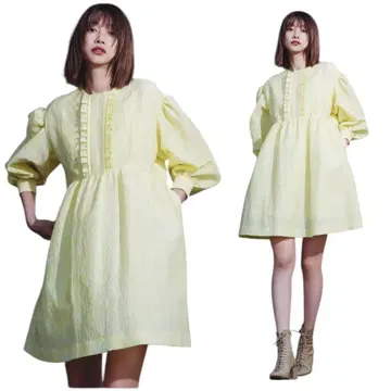 연한 옐로우 컬러 퍼프 슬리브 원피스