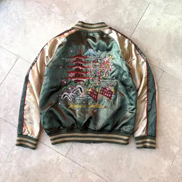 여성용 L 스카잔 카키 골드 오층탑 벚꽃 후지산 일본풍 패턴