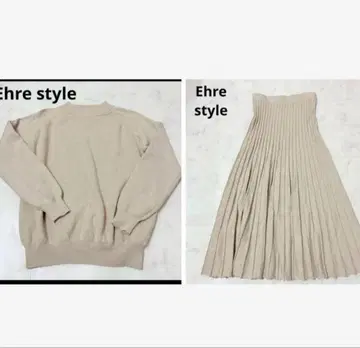 에어 스타일 긴팔 니트와 플리츠 니트 플레어 스커트 셋업 베이지