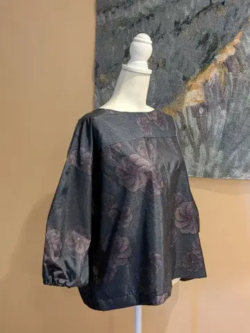 순수 실크 오시마 명주 기모노 리메이크 퍼프 슬리브 풀오버 상의 블라우스