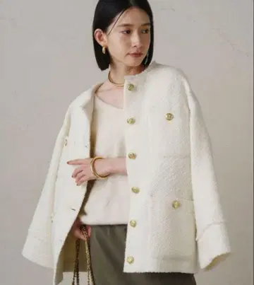라운지 드레스 노카라 트위드 자켓 골드 버튼 울 화이트