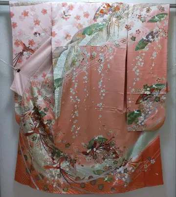 순수 실크 금채 늘어진 벚꽃 봉황 부채 꽃무늬 후리소데 (847)