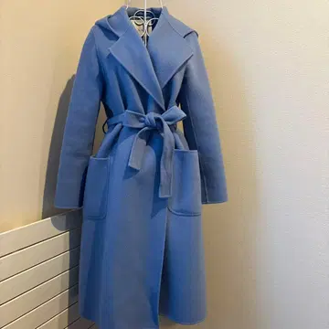 스카이블루 새상품급 후드 울 100% 롱 코트 38