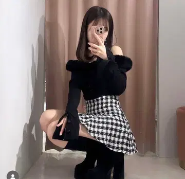 rouge by pomme 하운드투스 체크 패턴 트위드 미니 스커트