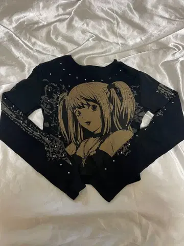 지뢰계 Y2K 애니메이션 걸 롱 T 라메 스톤 포함 블랙 상의