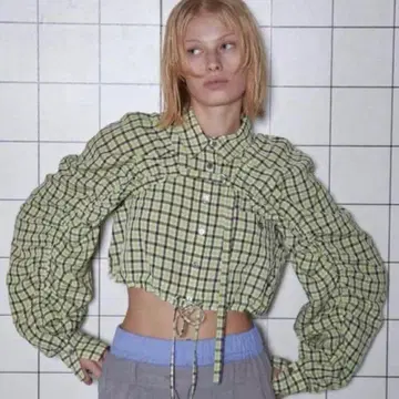 maison special 그린 체크 무늬 크롭 셔츠