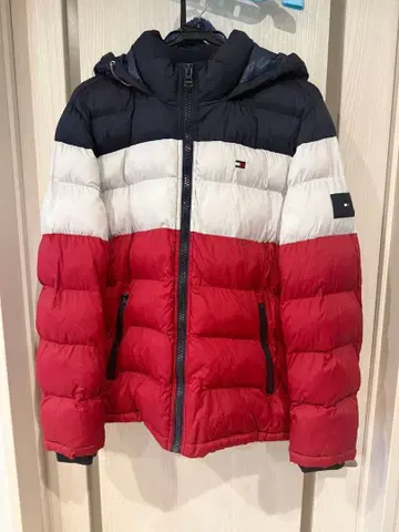 HILFIGER 후드 부착 다운 자켓 네이비/화이트/레드