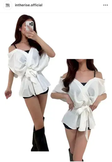 intherise 오프숄더 화이트 셔츠 리본 포함