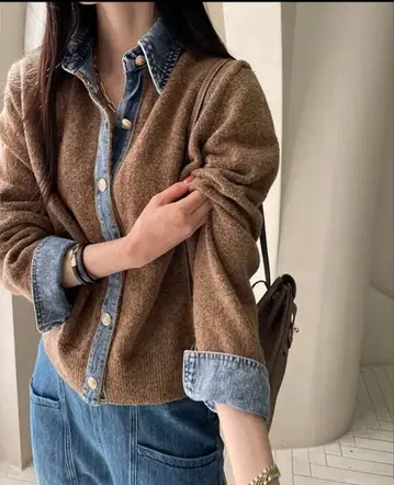 카라 부착 레이어드 스타일 데님 가디건