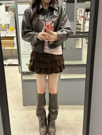 Y2K 레오파드 프릴 미니 스커트 안감 부착 블랙 브라운