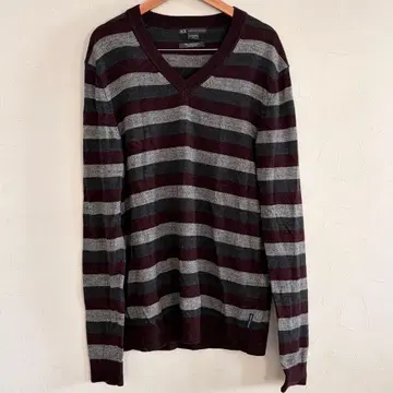Armani Exchange 버건디 그레이 스트라이프 V넥 니트 M