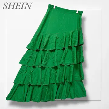 SHEIN 티어드 롱 스커트 (L) 그린 비대칭 화려한 댄스 의상
