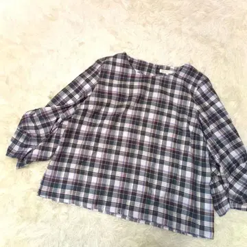 grove (그로브) 체크 무늬 블라우스 7부 소매 프릴 소매 라운드넥