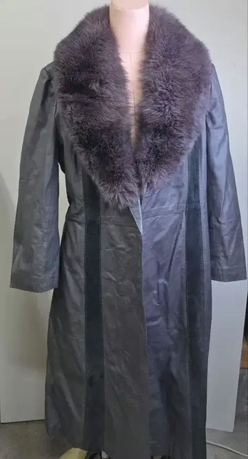 가죽 퍼 옷깃 롱 코트 그레이 빈티지 일본제 y29