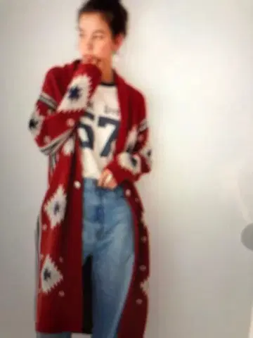 ungrid 기하학 패턴 빨간색 롱 가디건