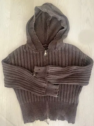 브라운 후드 부착 리브 편직 스웨터 후드티