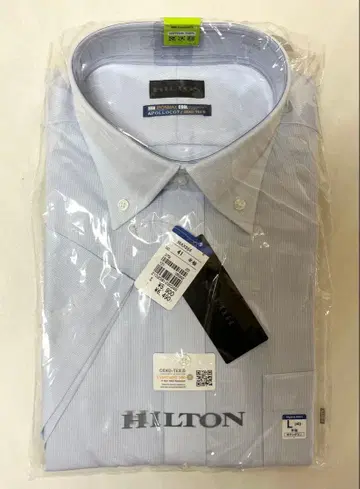 HILTON/반팔 버튼 다운 셔츠/L/색스 블루/논아이론/미개봉