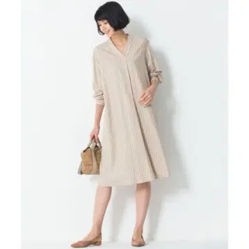 스트라이프 베이지 긴팔 셔츠 원피스
