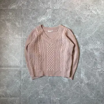 핑크 베이지 케이블 니트 V넥 숏 기장