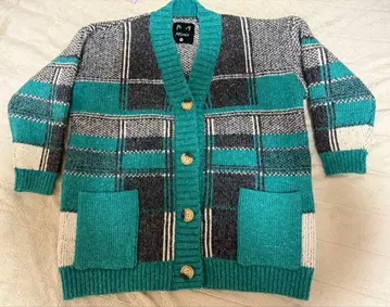 빅 실루엣 터콰이즈 체크 무늬 울 가디건 빅 루즈