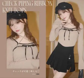 michellMacaron 체크 파이핑 리본 니트탑