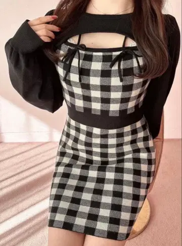 evelyn 리본 체크 원피스 블랙 양산형