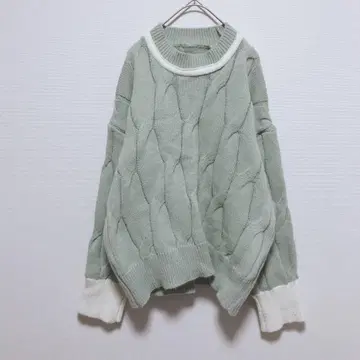 니트 스웨터 케이블 짜임 오버 사이즈 루즈핏 바이컬러 오피카지